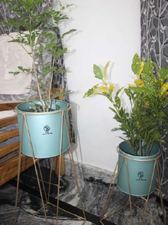 Image of Decent Home Decor Iron Metal Indoor Out Door Bedroom Home Office Planter Pot Tall Stand with Planter for Living Room, Balcony Flower Pot Stand Set of 2 (Silver Blue)