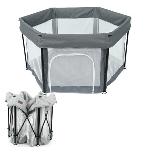 SynGPactic ベビーサークル 折りたたみ 扉 マット付き 洗える たためる 赤ちゃん メッシュ メッシュ ベビーフェンス 省スペース 持ち運び便利、滑り止め吸盤 メッシュタイプ 洗濯可能 組み立て不要 工具不要、赤ちゃん リビング 寝室(Dark