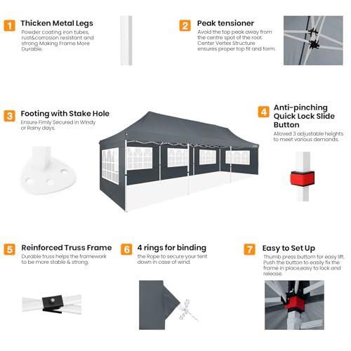 COBIZI 10x30 Pop up Canopy with 8 Removable Sidewalls & 4 Sandbags, Party Tent for Parties, Wedding, and Commercials, Waterproof and Instant Shelter UV50+ Ez Outdoor Canopy Tent with Roller Bag