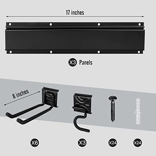 Image of Garden Tool Rack Set, Garage Wall Organization Hanger with 3 Mop Holder and 6 Multi-Purpose Hooks, Garden Yard Shovels Rakes for String Hedge Trimmer Brooms Hoses Folding Chairs ladders, and More