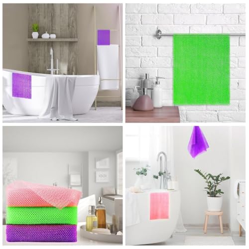 Image of UJFQBH 3 Pieces African Bath Sponge African Net Long Net Bath Sponge Exfoliating Shower Body Scrubber Back Scrubber Skin Smoother,Great for Daily Use (Purple, Pink,Green)