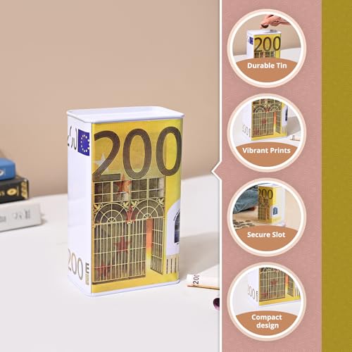 Image of Market99 Rectangular Money Bank | Yellow Tin Coin Bank with 200 Euro Note Print & Glossy Finish | Durable Piggy Bank for Kids & Adults | Stylish Savings Box for Home, Office Desk & Gifting