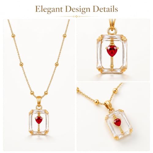 Image of Gold Plated Pendant Necklace for Women & Girls, Clear Rectangle-Cut CZ Pendant with Red Heart Stone, Lightweight Beaded Chain Jewellery for Office, Party & Gifting