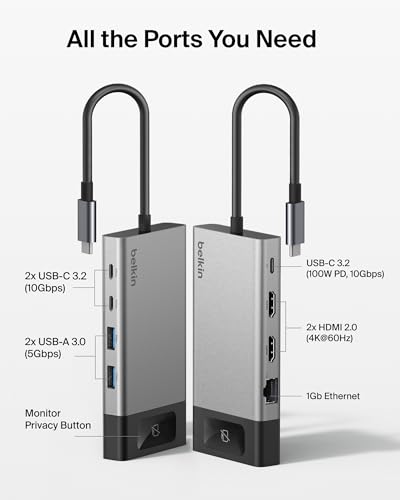 Image of Belkin USB C Hub, 8-in-1 Multi-Port Hub 100W - Dual Display Support for Windows & Chromebook + Mirrored Support for macOS w /Monitor Privacy, Ethernet, Resolutions up to 4K@60Hz - Travel Essentials