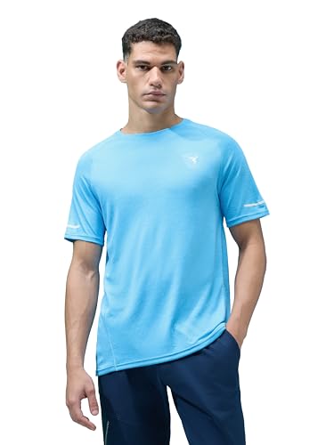 Image of TECHNOSPORT Men's Melange Slim Fit Round Neck T-Shirt Double Cool Raglan Sleeve Slip On Polyester for Gym Running Workout UPF50+ Anti Odour