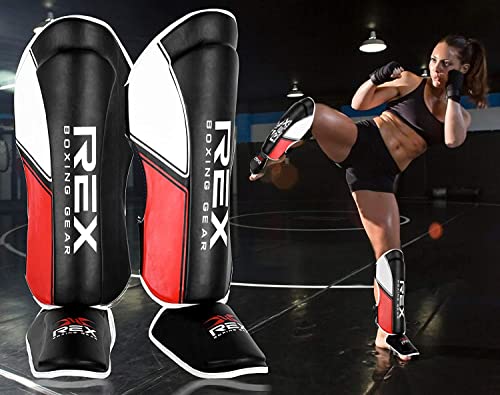 Rex Sports Shin Guards for Muay Thai, Kickboxing, MMA Fighting and Training, Instep Leg Protector Foam Pads for Martial Arts, Sparring, Protective Gear for BJJ and Boxing (S, Black/Red) - Thumbnail 2
