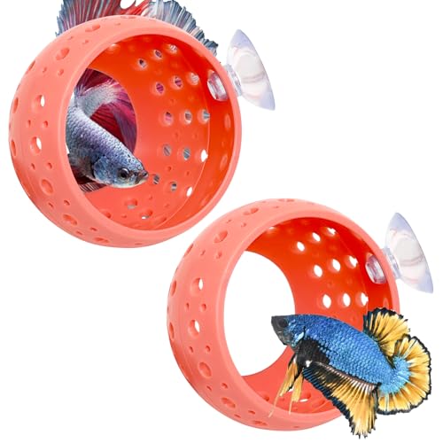 Image of Fhiny 2 PCS Betta Hide, Orange Beta Fish Tank Decor, Suction Cup Shrimp Tunnel, Betta Resting Spot, Aquarium Hammock Hideout Cave for Guppy Resting
