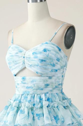 A-Line Spaghetti Straps Tiered Blue Floral Mini Dress Homecoming Dress4