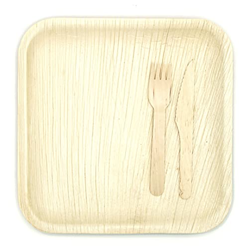Holiday Party 75-Piece Dinnerware - 25 Large 10" Square Palm Leaf Plates, 25 Wood Forks And 25 Knives - Compostable #TOP7