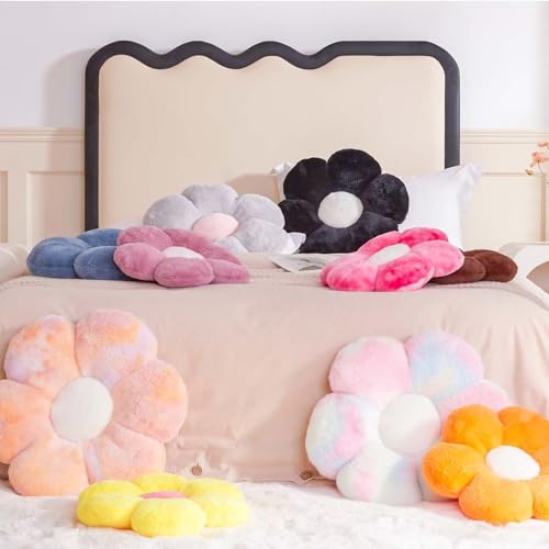 Image of Kcvvcr Brown Flower Pillow Cute Decorative Flower Throw Pillow with Faux Rabbit Fur 17.7 inch Soft Daisy Plush Floor Cushion Aesthetic Room Decor for Bed Sofa Couch
