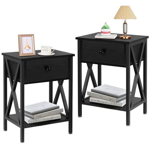 VECELO Nightstands Set of 2, Modern Bedside End Tables, Night Stands with Drawer and Storage Shelf for Living Room Bedroom, Industrial Metal Frame, Dark Black