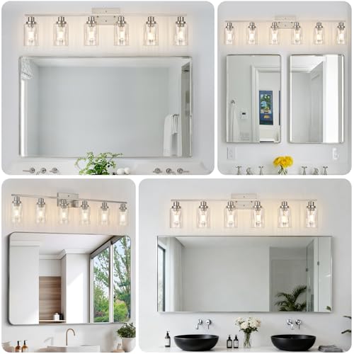 Image of Jonsi Brushed Nickel Bathroom Light Fixtures, 6-Light Brushed Nickel Vanity Light, Bathroom Vanity Light with Stripe Glass Shade, E26 Wall Sconces Over Mirror for Bathroom, Living Room, Hallway