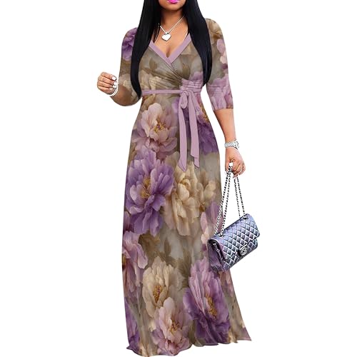 Image of Plus Size Maxi Dress for Women V Neck 3 /4 Sleeve Wrap Dress