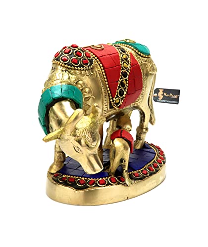 Image of Two Moustaches Gemstone Work 5.5 Inches Kamdhenu Cow Brass Showpiece, Standard, Multicolor, Pack of 1