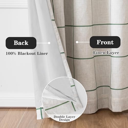 Image of MYSKY HOME 100% Blackout Plaid Linen Ceiling Curtains 108 Inches Long 2 Panels Set Double Layer Farmhouse Thermal Insulated Checkered Print Drapes for Living Room Bedroom, 2 Pcs, 52 inch Wide, Green