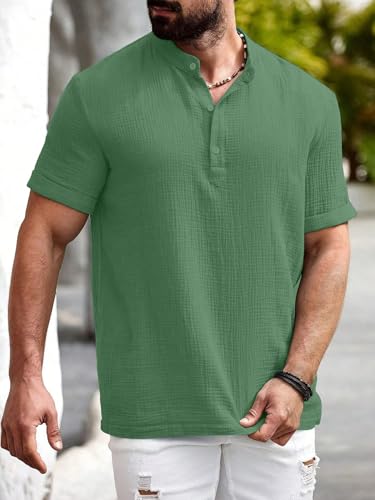 Image of Men Shirt | Black Textured Cotton Blend | Regular Fit Casual Shirt | Half Short Sleeve | Mandarin Chinese Collar | Button Down | Summer Office Wear | Stylish Shirt for Men
