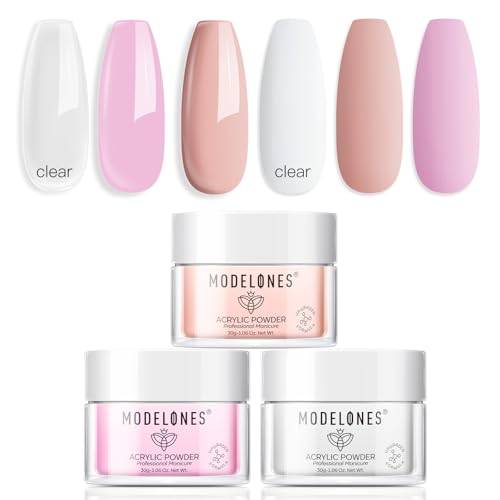 Modelones Nail Acrylic Powder Set, 3 Colors Milky White Pink Nude Acrylic Powder for All Seasons Skin Tones Acrylic Nail Art 3D Nail Carving French Nail Extension 30g*3