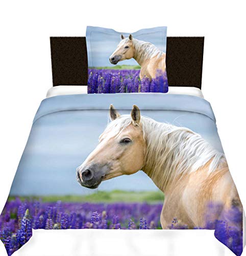 Loussiesd Boys Bedding Sets for Kids Teens Girls Youth Horse Print Duvet Cover Steed Lavender Print Bed Cover Wild Animal Bedspread Cover Decorative Wildlife Purple Floral Comforter Cover Single
