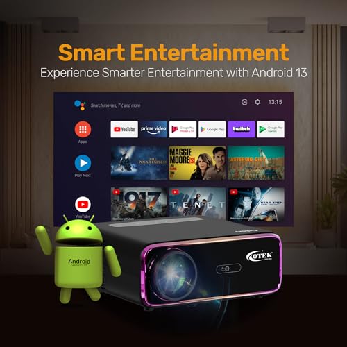 Image of OTEK Galaxy FHD Smart Projector, Inbuilt Netflix & Prime, 1080P Native, 4K Support, Android 13, 10000 Lumens, Auto Focus & Keystone, WiFi 6 & Bluetooth, 250 inch Display, Portable Home Cinema, Black