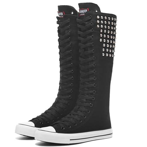 Image of ANUFER Women Fashion Canvas Dance Boots Knee High Bicycling Boots Girls Fancy School Shoes