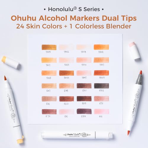 Image of Ohuhu Alcohol Markers 24 Skin Colors Brush Soft Chisel for Portrait Drawing