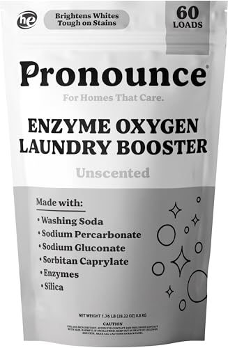 Pronounce Enzyme Oxygen Laundry Booster - Brightens White & Tough on Stains Fights Odor. Enzyme Stain Fighter Cleaner Ingredients Fragrance Free - Ultra Concentrated HE - 60 Loads (Unscented)