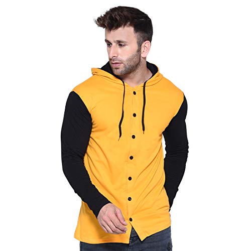 Image of Geum Men's Full Sleeve Hooded T-Shirt with Button-Down Front | Casual Slim Fit Cotton Shirt-Style Tee