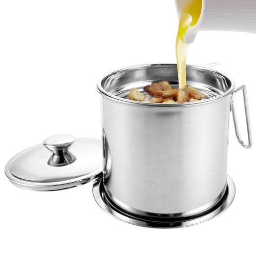 Oungy 1.8L Fetttrennkanne Ölsieb Topf, 304 Edelstahl Fettabscheider mit Staubdichtem Deckel, Fritt Fix Fettbehälter mit Fettabscheider Sieb zur Aufbewahrung von FrittieröL und Speisefett