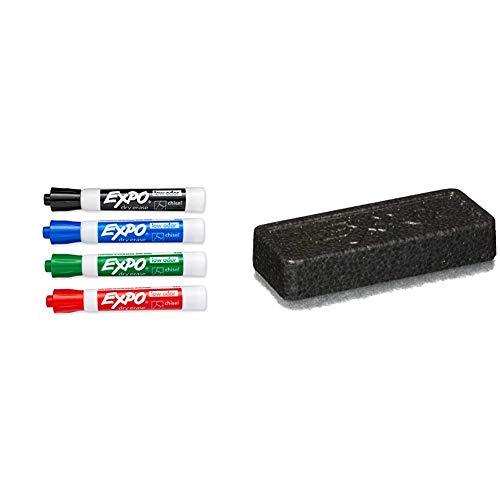 EXPO 80074 Low-Odor Dry Erase Markers, Chisel Tip, Assorted Colors, 4-Count & 81505 Block Eraser Dry Erase Whiteboard Board Eraser, Soft Pile, 5 1/8 W x 1 1/4 H - Pack of 1