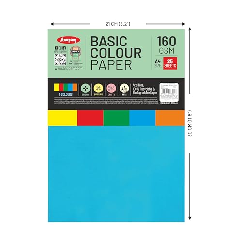 Image of Anupam 25 Sheets Colored Basic Craft Paper A4 Size 160 GSM 5 Assorted Color Paper Multi Color Card Stock Paper for Crafts, Card Making, Scrapbooking, DIY, School Supplies, Printing and Stationery