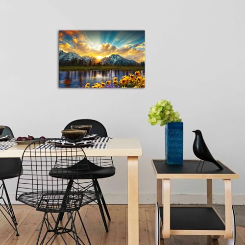 Image of Sunrise Mountain Canvas Wall Art National Park Grand Teton Landscape Picture Nature Forest Sunflower Painting for Kitchen Bedroom Sunset Lake Scenery Poster Prints Artwork Home Decorations 16x24 inch Gift