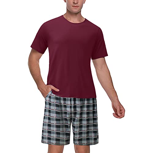 Pyjama homme en coton léger avec short à carreaux col rond doux