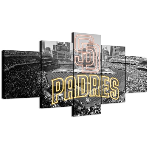 San Diego Baseball Stadium B&W Panoramic Poster With Neon effect Padres Sign (5-Panel Framed Canvas Printing Full Size: 60x100cm) Home Decor Man Cave Wall Art