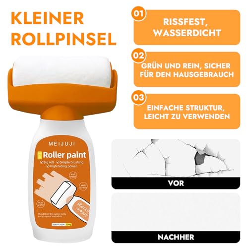 Piashow Wandfarbe Ausbessern Weiß 500g, 2 in 1 Wandfarbe Weiß, Wandreparatur RollbüRste mit Wandreparaturpaste, Ausbesserungsfarbe Weiss zum Ausbessern von Graffiti, Flecken, Kratzern usw (Orange)