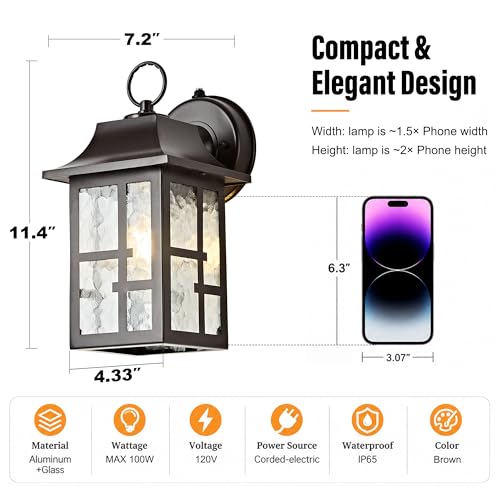 Image of OKELI 2-Pack Dusk to Dawn Exterior Lighting Fixture, Farmhouse Outdoor Wall Lights with Ripple Glass, Aluminum Porch Light Wall Mount, Anti-Rust Outside Wall Sconce for House, Garage(Brown)