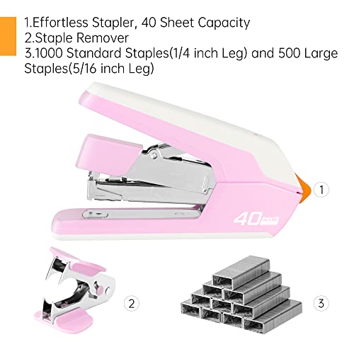 Deli Effortless Desktop Stapler, Heavy Duty Stapler, 40 Sheet Capacity, One Finger, No Effort, Includes Staples & Staple Remover, Pink #TOP2
