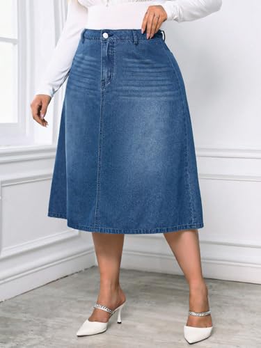Milumia Women's Plus Size Jean Midi Skirt High Waisted A Line Denim Skirts Casual4