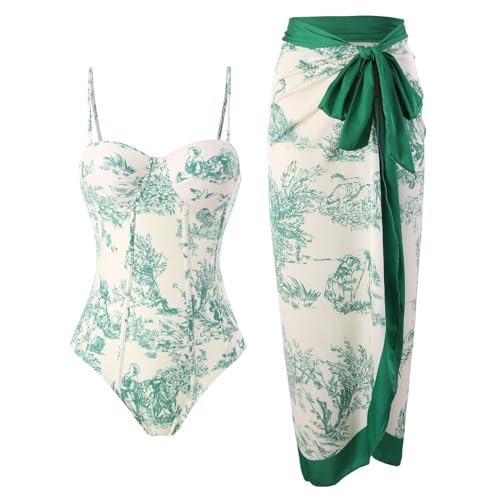 Bikini Combinable de baño de Primavera para Mujer, Falda Larga con Protector Solar Retro Ajustado y Ajustado, Estilo Europeo y Americano Bañadores De Mujer Tallas Grandes Volantes (Green, XXL)