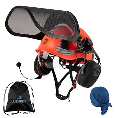 UM ULTRAMAXX Forestry Safety Helmet with Built-in Visor, Mesh Face Shield, and Bluetooth Ear Muffs, 5 in 1 Arborist Helmet for Chainsaw, Logging, and Garden Work, ANSI Z89.1 Certified, Orange