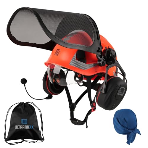 UM ULTRAMAXX Forestry Safety Helmet with Built-in Visor, Mesh Face Shield, and Bluetooth Ear Muffs, 5 in 1 Arborist Helmet for Chainsaw, Logging, and Garden Work, ANSI Z89.1 Certified, Orange