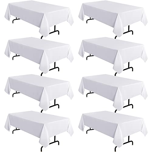 Image of sancua 8 Pack White Tablecloth 60 x 120 Inch, Rectangle Table Cloth for 8 Feet Tables - Stain and Wrinkle Resistant Washable Polyester Table Cover for Dining Tables, Buffet Parties and Camping