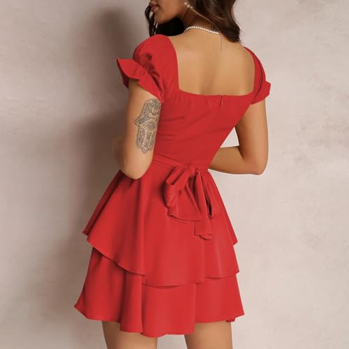 Image of Women Summer Boho Ruffle Short Dress Square Neck Layered Flowy Swing Solid Color Casaul Sun Beach Mini Dresses