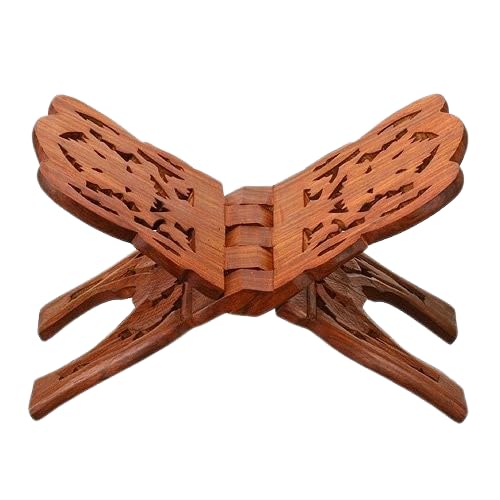 Wooden Folding Rehal Book Stand for Holy Books | Traditional Carved Design Brown Book Holder | Portable Foldable Quran, Bhagavad Gita & Religious Scripture Reading Stand for Home 10 inch, Brown-picture-12