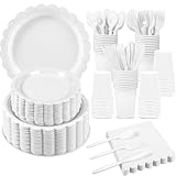 Xiangqu 350 Pcs White Paper Plates and Napkins, 50 Guest White Party Supplies Include Scalloped Plates Paper Napkin Cup Plastic Spoon Fork Knive for Baby Shower, Wedding, Birthday