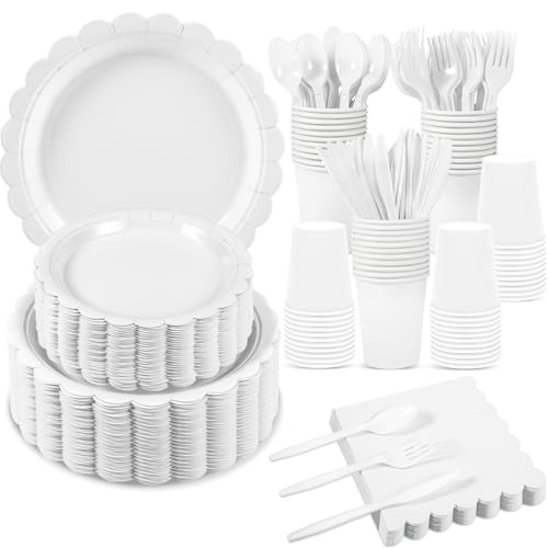 Xiangqu 350 Pcs White Paper Plates and Napkins, 50 Guest White Party Supplies Include Scalloped Plates Paper Napkin Cup Plastic Spoon Fork Knive for Baby Shower, Wedding, Birthday