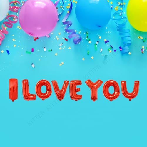 Image of KITTER I Love You Red Foil Balloon Set | ILU Alphabet Letter Balloons for Valentine's Day, Romantic Proposal, Wedding Anniversary, Birthday Party Decoration | Romantic Party Love Balloons for Couples