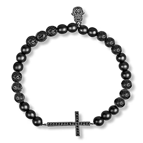 Karma And Luck - Rooted Faith - Men's Real Matte Onyx Lava Stone Cross Charm Stretch Beaded Bracelet With Elegant Hamsa Amulet To Protect You Handmade In The Far East #TOP9