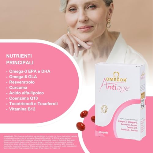 Omegor Antiage Integratore Pelle con Omega-3 e 6 (60 Capsule) ‒ Azione Antiossidante Contro Segni e Sintomi dell'Invecchiamento ‒ Con Resveratrolo, Curcuma, Alfa Lipoico e Coenzima Q10 - 8