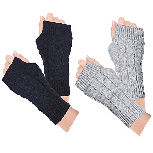 Loritta 2 Pairs Womens Fingerless Gloves Winter Warm Knit Crochet Thumbhole Arm Warmers,A Black+Light Gray(2 Pairs)