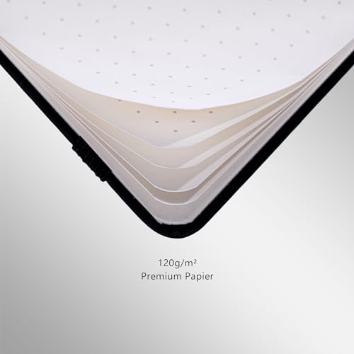 OLLEVRES Notizbuch A5 Punktiert - Premium Papier 120g/m² - Hardcover, 180° Flachöffnung - Tagebuch inklusive Lesezeichen, Stifthalter & Verschlussband - Journal Buch, Bullet Journal, Haushaltsbuch